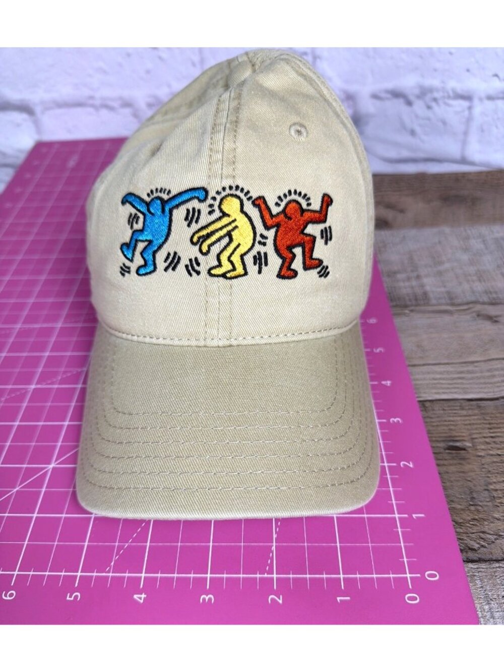 Keith Haring Dancing Figures Adjustable Baseball Cap Khaki Tan Dad Hat Cotton - Picture 11 of 12